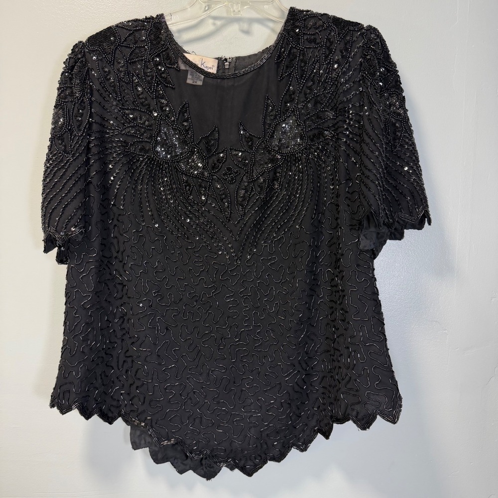 Laurence‎ Kazar Vintage Black Beaded Sequin Evening Blouse Top Plus Size 2X